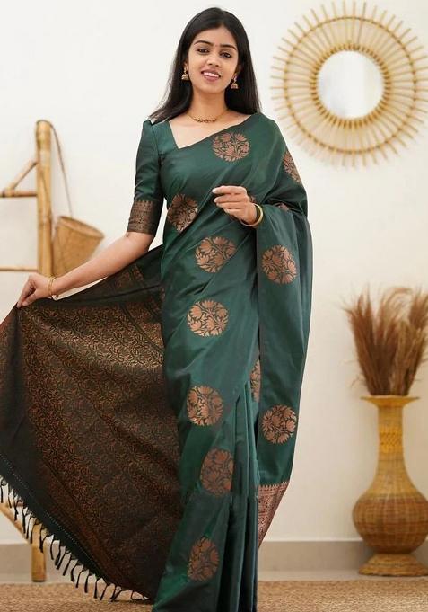 Green Jacquard Silk Saree Set — view on Indya