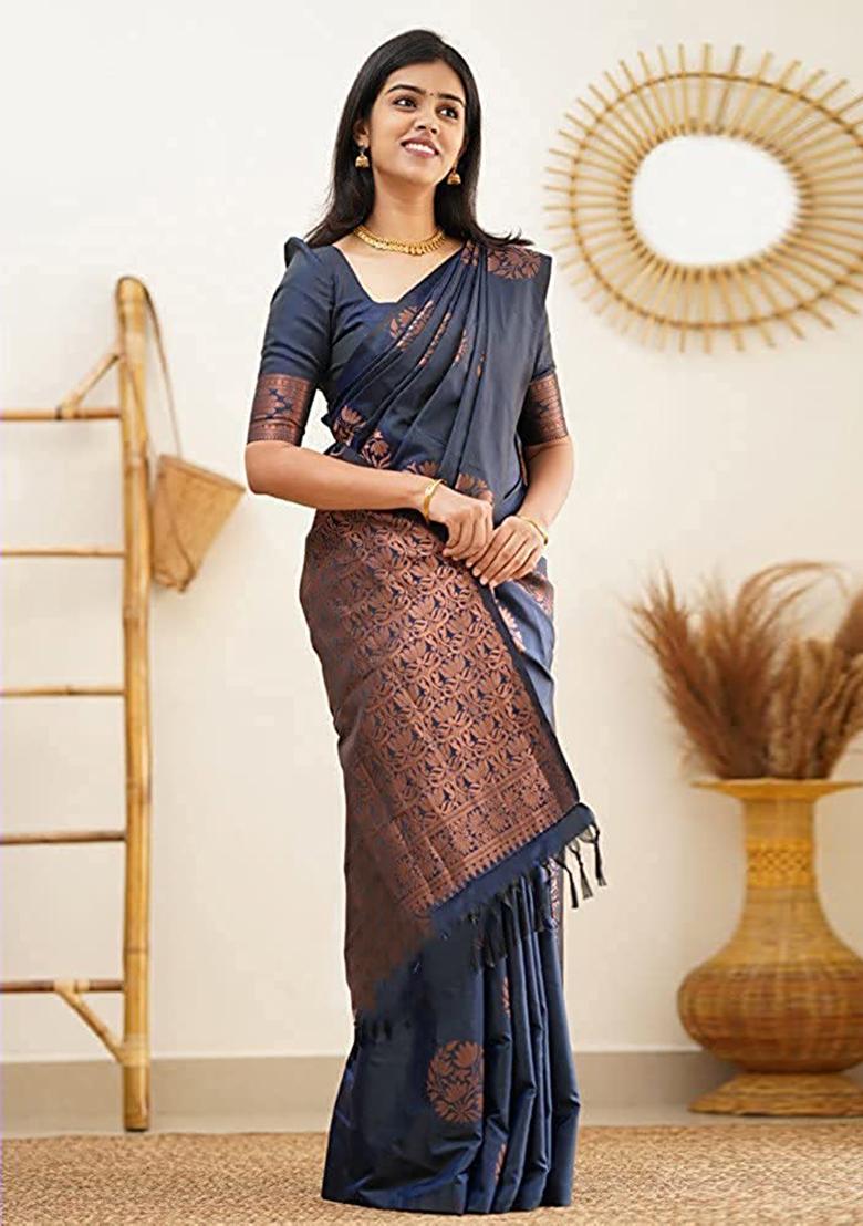 Blue Jacquard Silk Saree Set - Indya