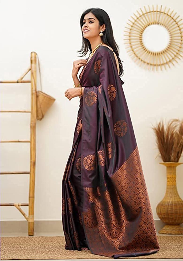 Wine Jacquard Silk Saree Set - Indya