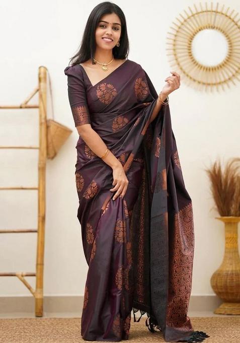 Wine Jacquard Silk Saree Set