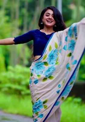 Off White Printed Linen Saree Set