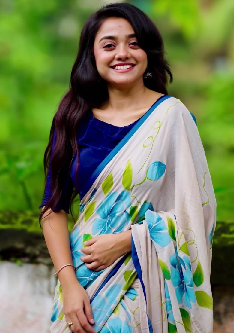 Off White Printed Linen Saree Set - Indya