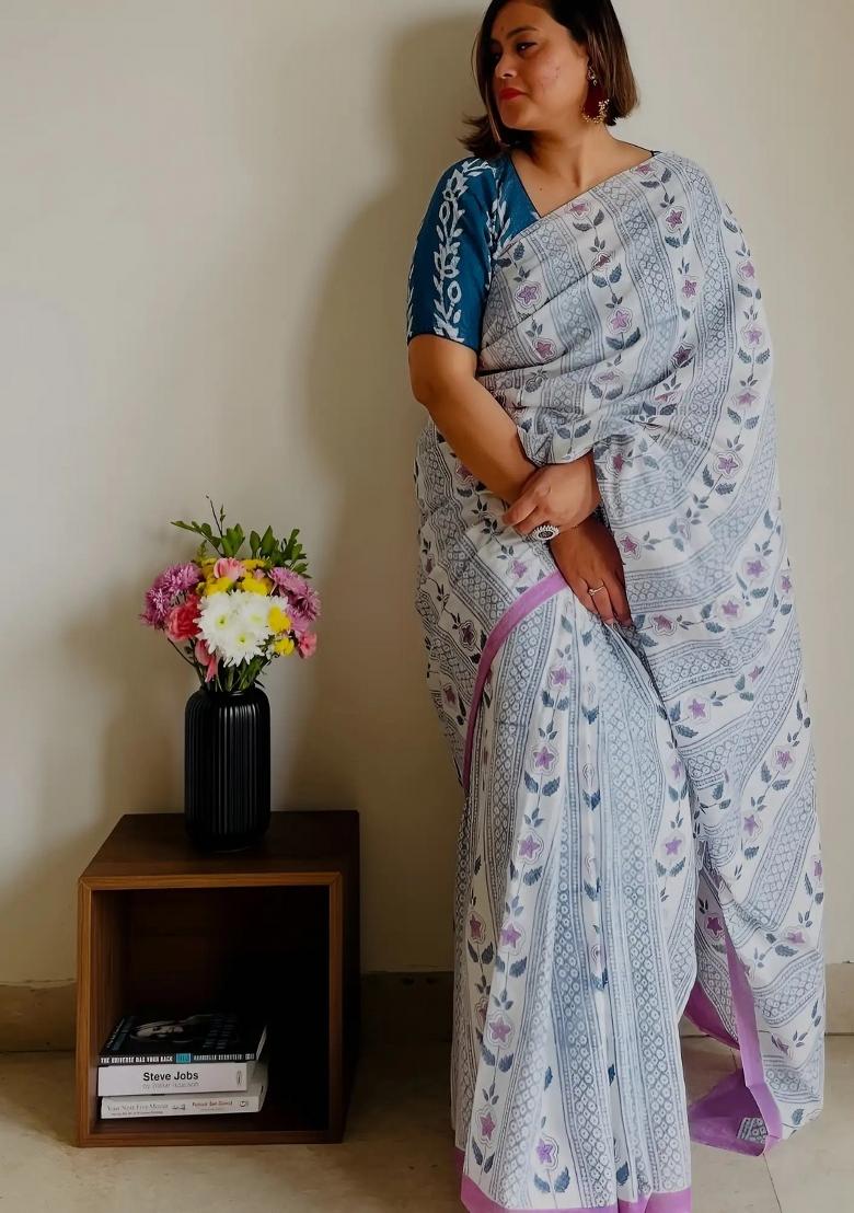Off White Printed Linen Saree Set - Indya