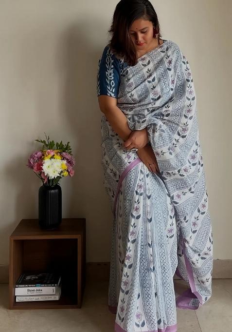 Off White Printed Linen Saree Set — view on Indya