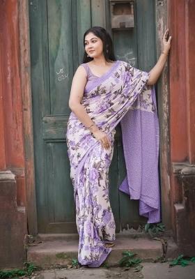 Off White Printed Linen Saree Set