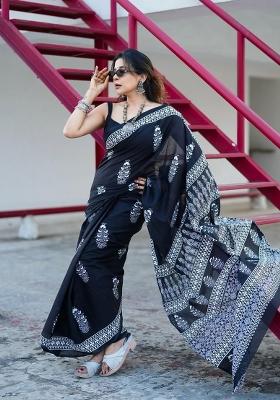 Black Printed Linen Saree Set