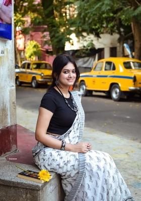 White Printed Linen Saree Set