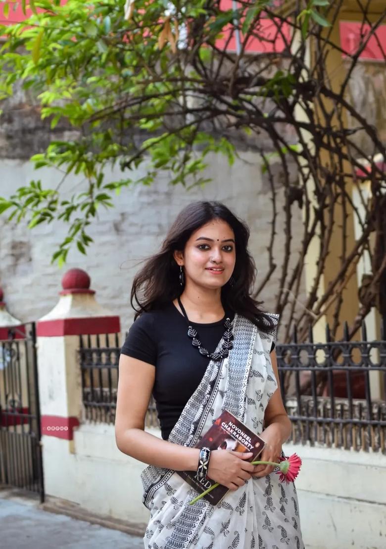 White Printed Linen Saree Set - Indya