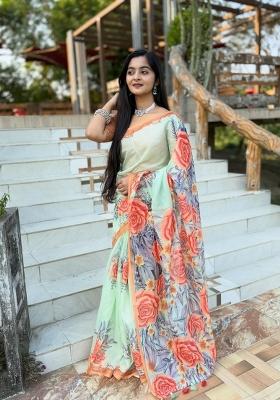 Mint Green Printed Linen Saree Set