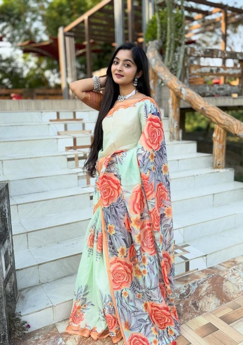 Mint Green Printed Linen Saree Set - Indya