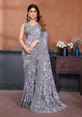 Grey Floral Print Georgette Saree Set