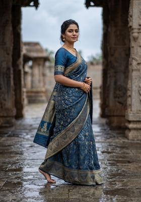 Blue Zari Work Silk Saree Set