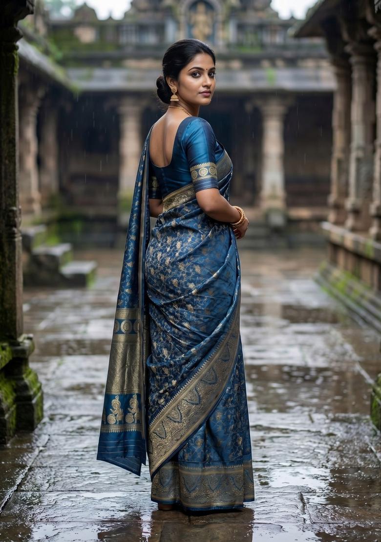 Blue Zari Work Silk Saree Set - Indya