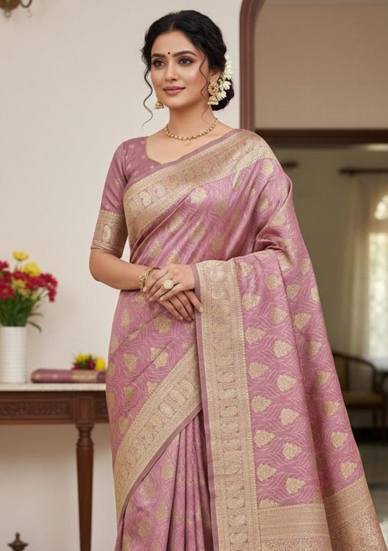Pink Zari Work Silk Saree Set - Indya