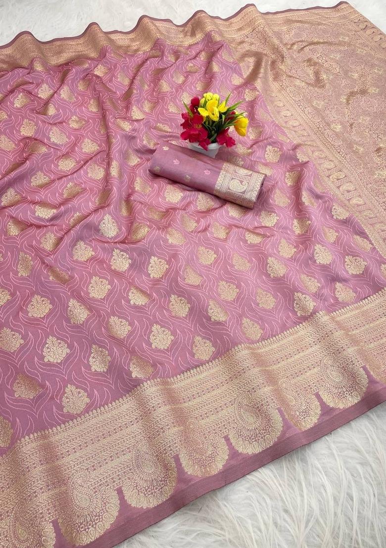 Pink Zari Work Silk Saree Set - Indya