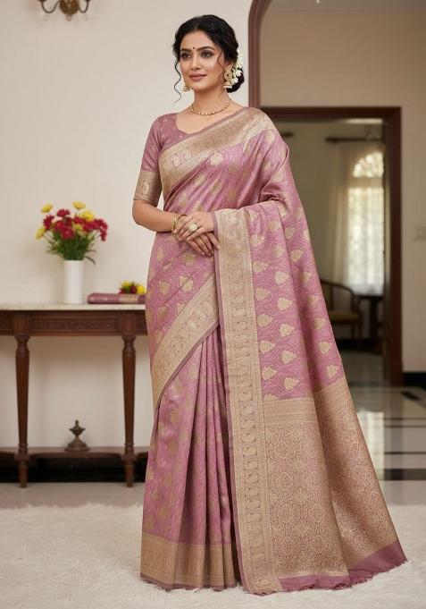 Pink Zari Work Silk Blend Saree Set