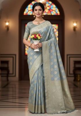 Grey Zari Work Silk Saree Set
