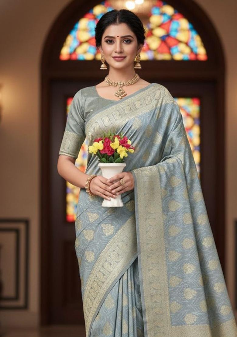 Grey Zari Work Silk Saree Set - Indya
