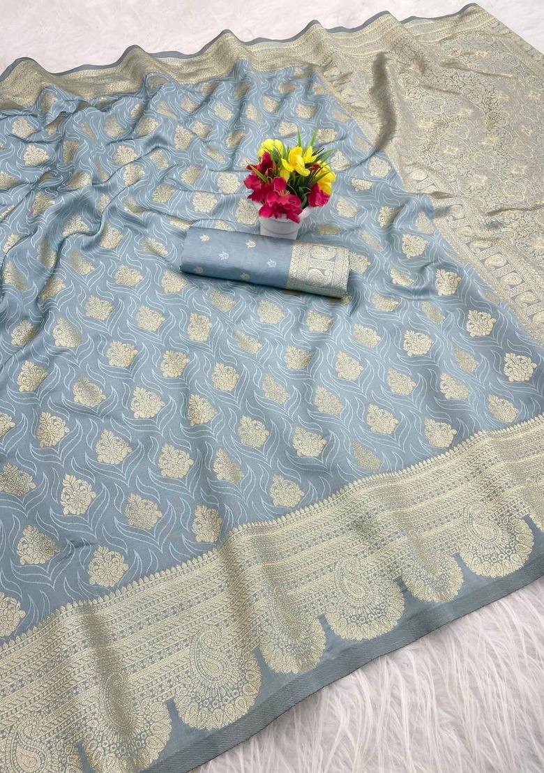 Grey Zari Work Silk Saree Set - Indya