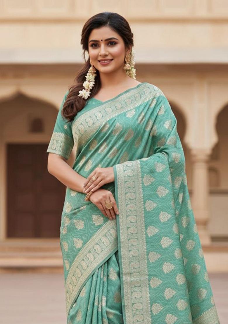 Light Green Zari Work Silk Saree Set - Indya