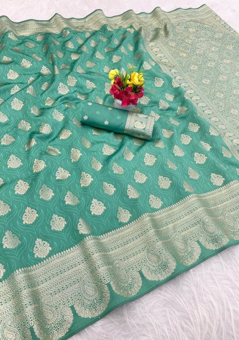 Light Green Zari Work Silk Saree Set - Indya