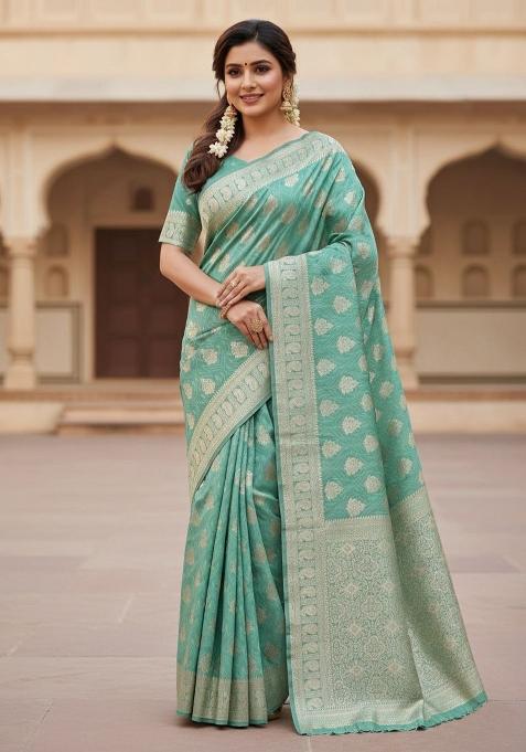 Light Green Zari Work Silk Blend Saree Set