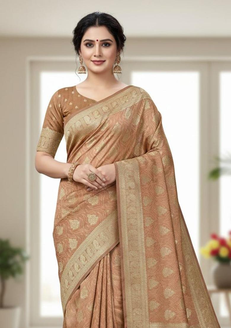 Brown Zari Work Silk Saree Set - Indya