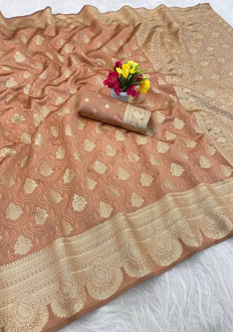 Brown Zari Work Silk Saree Set - Indya