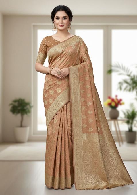 Brown Zari Work Silk Blend Saree Set