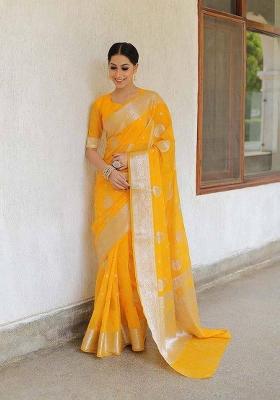Yellow Zari Work Silk Saree Set