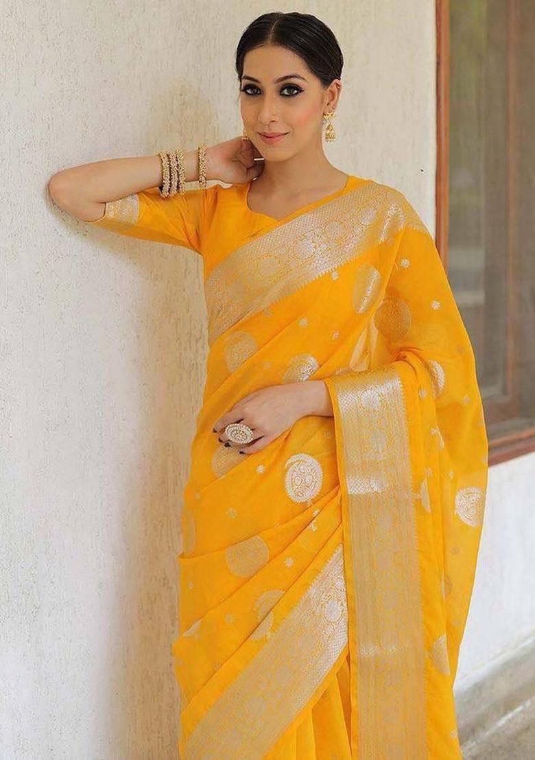 Yellow Zari Work Silk Saree Set - Indya