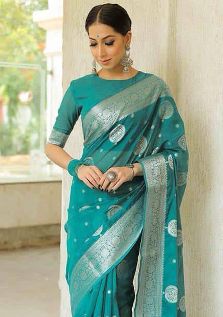 Rama Zari Work Silk Saree Set - Indya