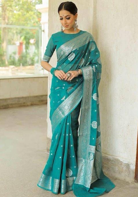Rama Zari Work Silk Blend Saree Set