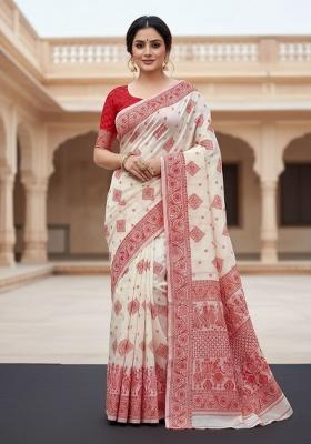 Off White Weaving Linen Saree Set