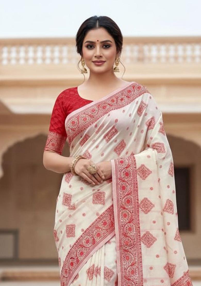 Off White Weaving Linen Saree Set - Indya