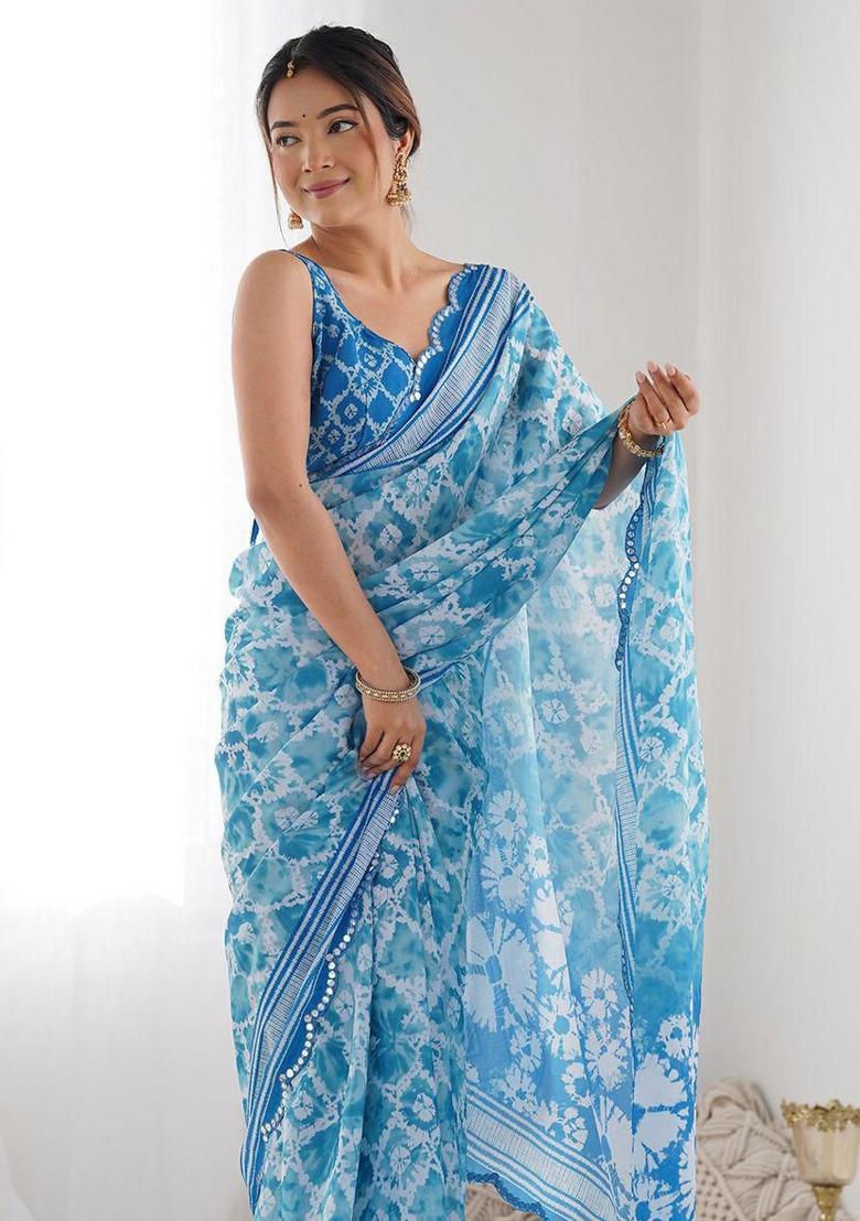 Light Blue Mirror Work Silk Saree Set - Indya