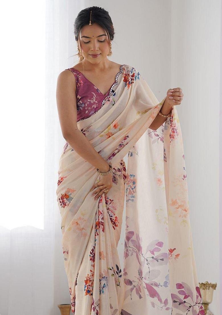 Cream Mirror Work Silk Saree Set - Indya