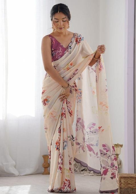 Cream Mirror Work Silk Blend Saree Set
