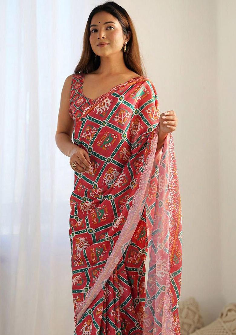 Red Mirror Work Silk Saree Set - Indya