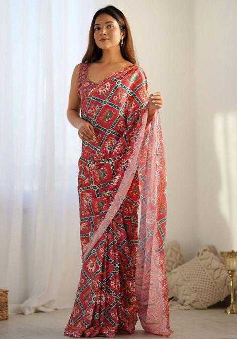 Red Mirror Work Silk Saree Set