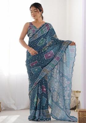 Teal Mirror Work Silk Saree Set