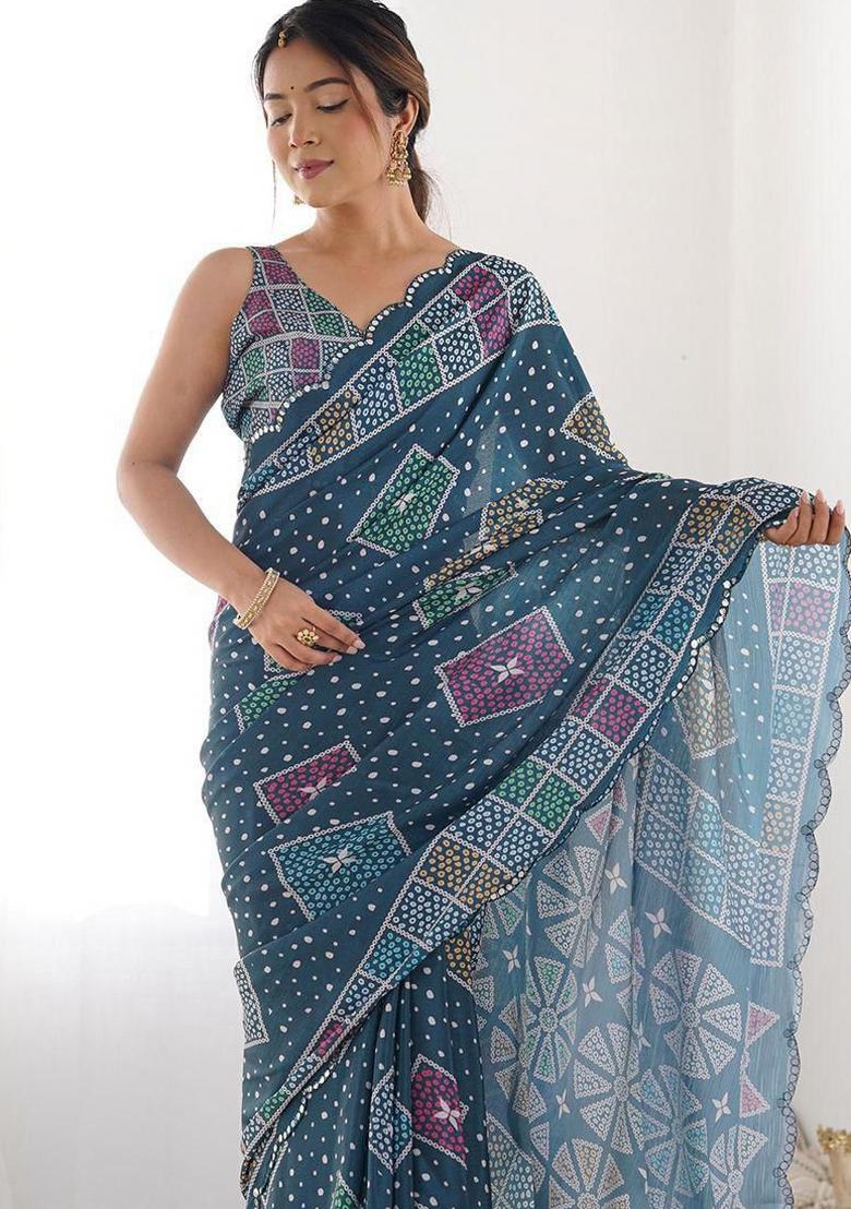 Teal Mirror Work Silk Saree Set - Indya