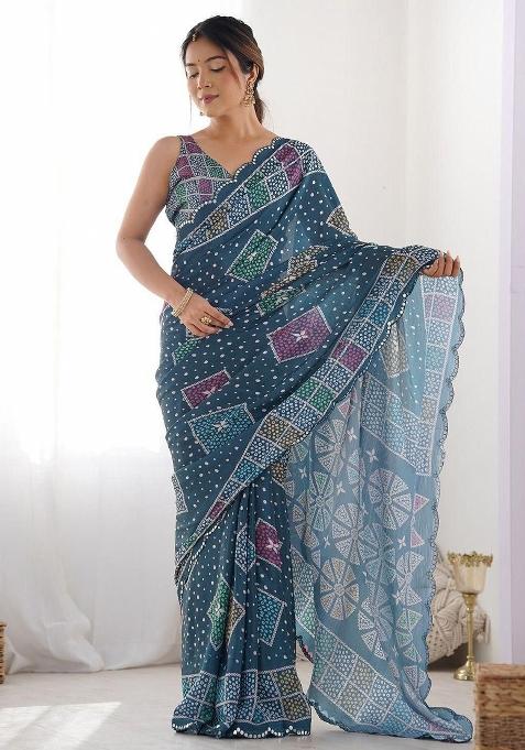 Teal Mirror Work Silk Saree Set — view on Indya