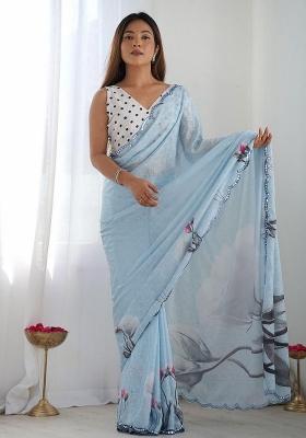 Light Blue Mirror Work Silk Saree Set