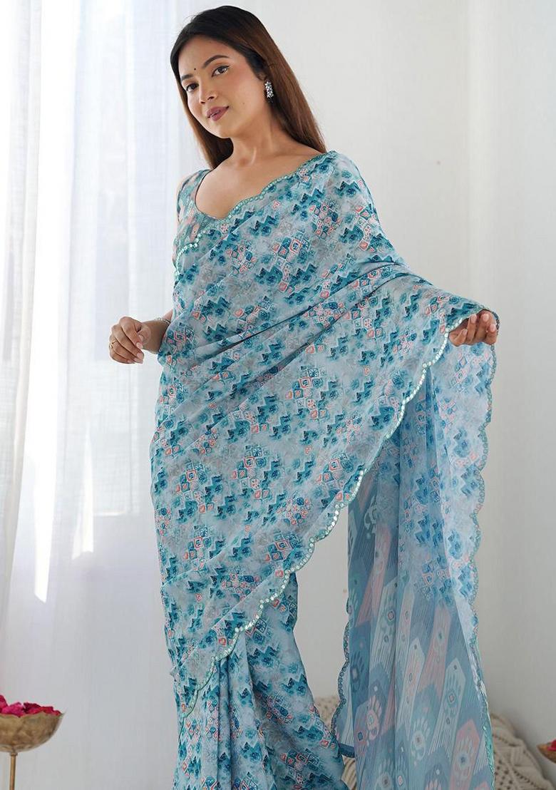 Light Blue Mirror Work Silk Saree Set - Indya