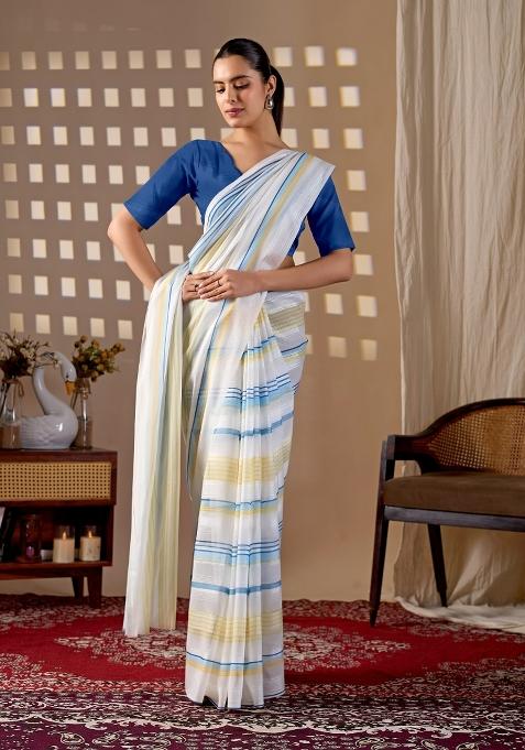 White Printed Monsoon Saree Set