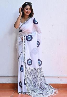 White Printed Linen Saree Set