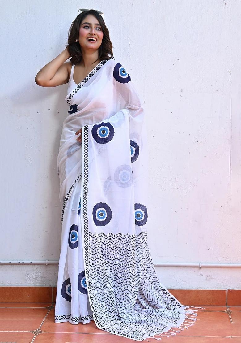 White Printed Linen Saree Set - Indya