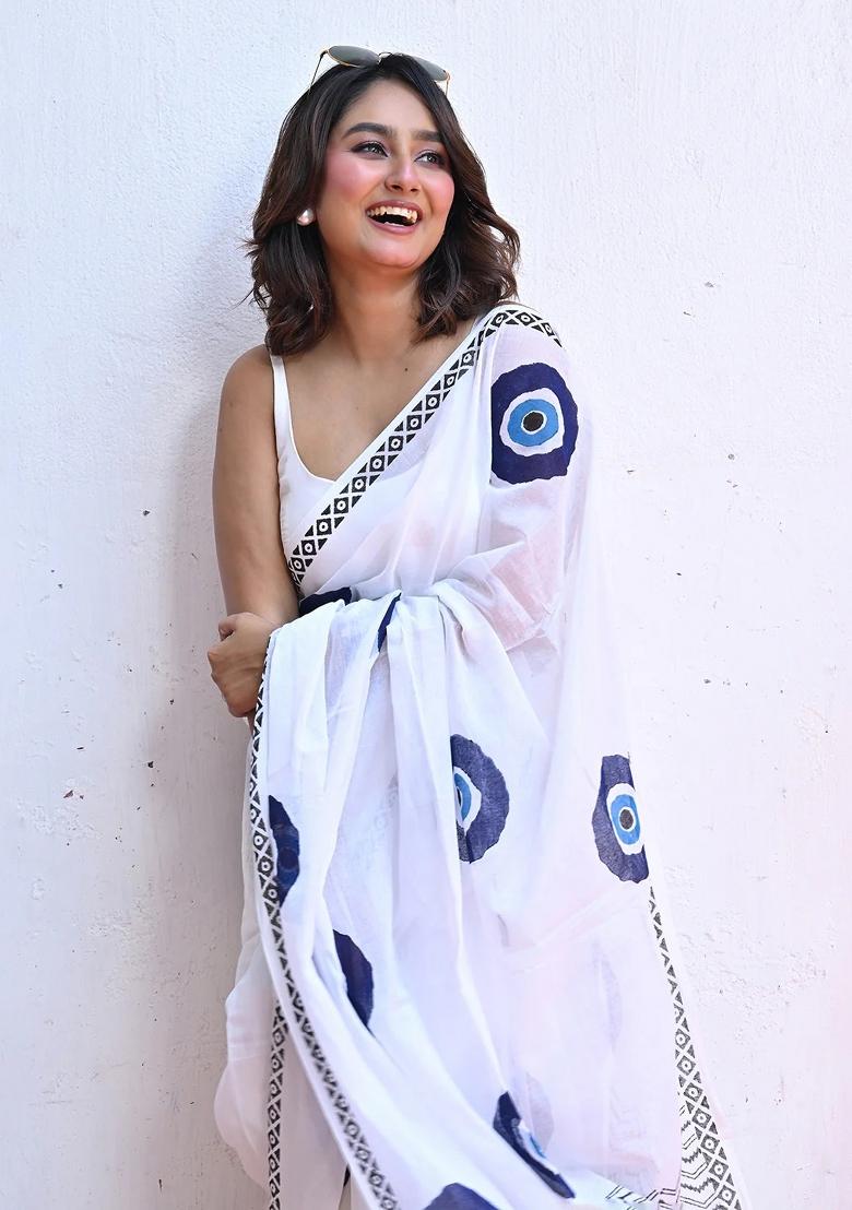 White Printed Linen Saree Set - Indya