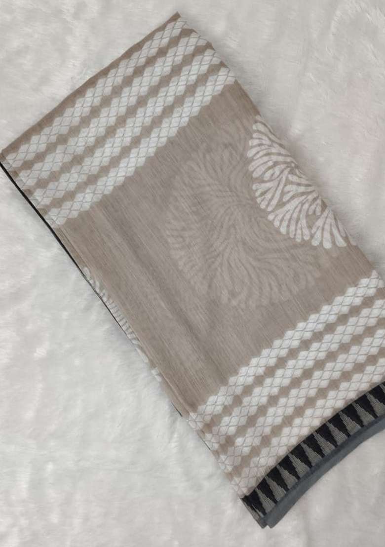 Brown Printed Linen Saree Set for Diwali and Festive Wear - Indya